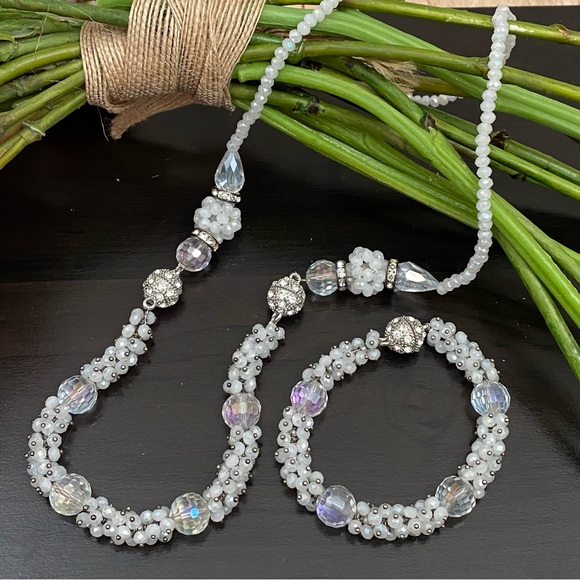 Convertible Handmade White/Clear Crystal Glass Beads Magnetic Clasps Jewelry Set - Picture 15 of 16